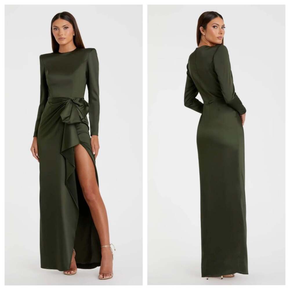 Ieena for Mac Duggal Olive Green Long Sleeve Satin Structured Column Gown 8 NWT